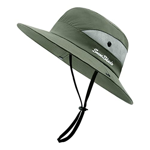 SEYUFN Damen Sonnenhut Outdoor Sommer Wanderhut Damen UV-Schutz Bucket Cap Faltbar Mesh Pferdeschwanz Breite Krempe Zum Safari Angeln (A-Pures Militärgrün)
