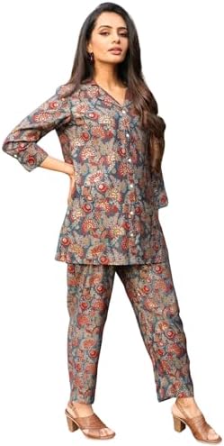 Leriya Fashion Womenโs Kurta Pant Set โ Rayon Floral Printed Co-ord Set | Stylish Ethnic Wear for Office, Daily & Festive Indian Traditional Outfit | 2 Piece Kurta for Holiday Look & Puja | 3/4 Sleeve