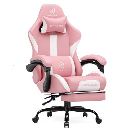 Image of GTPLAYER Gaming Chair with Pocket Spring Cushion, Leather Office Chair with Ergonomic High Back & Lumbar Support for Back Pain Relief, Computer Game Chair for Adults, Pink