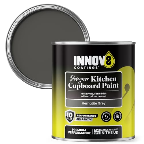 INNOV8 COATINGS DESIGNER KITCHEN CUPBOARD PAINT - DIY - NO PRIMER OR TOP COAT - SATIN Finish - 750 ml - Hematite Grey - Fast Dry - CABINET, FURNITURE, WOOD, MDF, PLASTIC & METAL