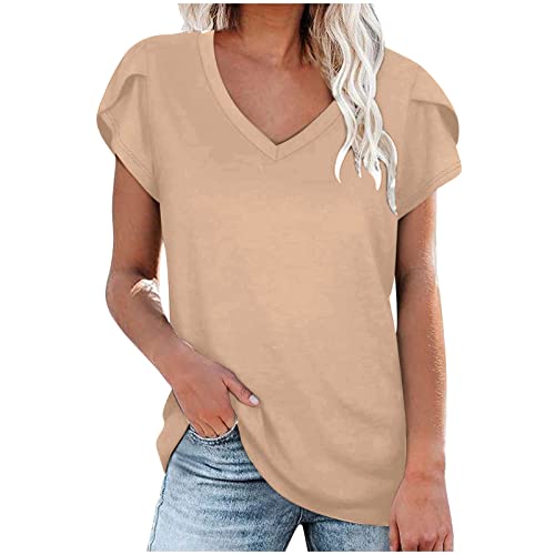 yoeyez Solid Color Summer Casual T-Shirt for Women Dressy Fashion Petal Short Sleeve V-Neck Tunic Tops Loose Fit Comfory Tops