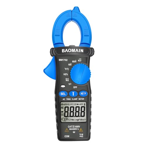Baomain Digitales Zangenmessgerät, T-RMS 6000 Zähler Mehrzweck-Zangenmessgerät für 60A/600A AC Strom, AC/DC Spannung, Temperatur, Diode, Widerstand, Kapazität, Durchgangsprüfung, NCV, Frequenz