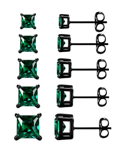 MDFUN Stud Earrings for Men 316L Stainless Steel 5 Pairs Created Emerald