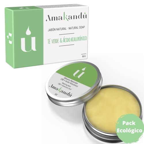 Tratamiento potente para el acne - Jabón acné + Bálsamo reparador ácido hialurónico –Combate la grasa, manchas y los granos – Amakandu - Made in Spain