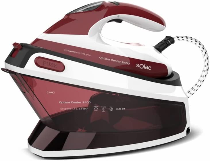 Solac - Centro de planchado Optima Center 2400W | SuperSteam 380g/min | Vapor 120g/min | Presion 5,5 bar | Suela cerámica | Punta de precisión | Capacidad 1.5L | Sistema de seguridad auto-off