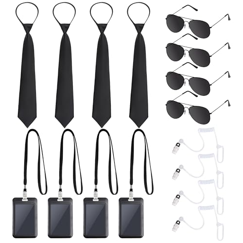 Pistha 16 Pieces Agent Costume Accessories Secret Security Service Costume Set Earpieces Sunglasses Ties ID Cards for Men Halloween Cosplay