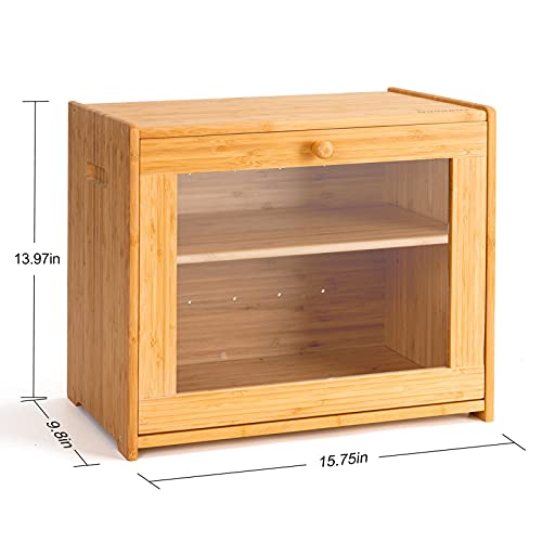 Goodpick Double Layer Large Bread Box Wood Bread Boxes For Kitchen Countertop Shelf Clear Bamboo Bread Holder Rustic Farmhouse Bread Bin Homemade Wooden Bread Box 15.75 X 13.97 X 9.8 In Self Assembly #TOP5