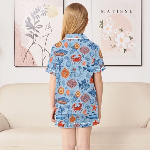 Blue Ocean Animal Pattern Pajamas Sets Short Sleeve Silk Stain Pjs Button Down Sleepwear for 5-14Y4