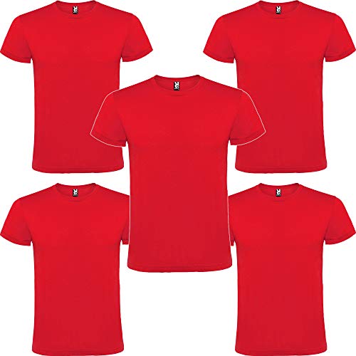 T-shirt de manga curta para homem, pack de 5, algodão, decote redondo de 11 cores, Vermelho, XL