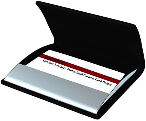 Business Card Holder for Men and Women – Genuine Leather and Premium Stainless-Steel Professional Wallet Type Small Pocket Case - Perfect for Travel – Keep Cards Secure – Black