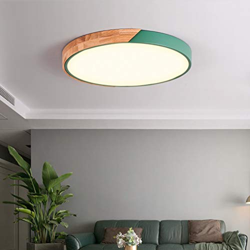 Plafonnier LED moderne macaron vert et bois dimmable avec télécommande