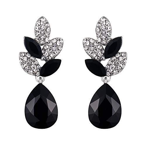 EVER FAITH Rhinestone Crystal Wedding Leaf Teardrop Pierced Dangle Earrings Silver-Tone