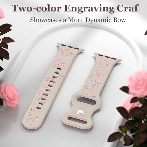 YMHML Bow Band Compatible with Apple Watch Bands for Women 40mm 42mm 41mm 38mm 44mm 45mm 46mm 49mm, Engraved Cute Silicone Inlay Dressy Pink Ribbon Strap for iWatch Series 10 9 8 7 6 5 4 3 SE Ultra by YMHML - Used condition - Image 2