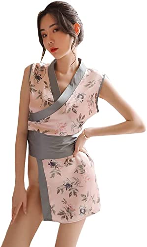 HNYBD Kimono japonés sexy con tanga, cinturón oblicuo con cuello en V y flores de seda mancha suelta túnica corta camisón, rosa, L