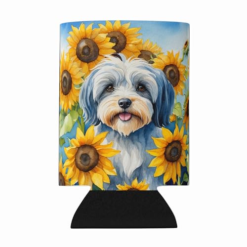 Caroline's Treasures Tibetan Terrier in Sunflowers Can or Bottle Hugger Cooler Washable Drink Sleeve Collapsible Beverage Insulated Holder, Can Hugger, Multicolor