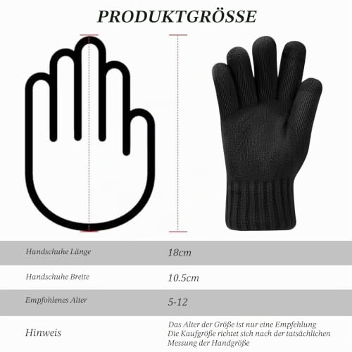 Fjquamitix Kinder Winterhandschuhe Weiche Warme Strickhandschuhe Thermohandschuhe Fleecefutter Touchscreen Kleinkind Handschuhe für Jungen Mädchen im Alter von 5 bis 12 Jahren (Schwarz)