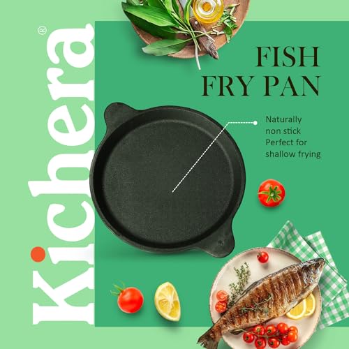 Image of Kichera 10 Inch Pre Seasoned Cast Iron Fish Fry Pan | 2 Loop Handles, 1.5kg Weight | Natural Non-Stick Induction Fish Fry Tawa Pan |Cast Iron Cookware Frying Pan | 25cm Diameter
