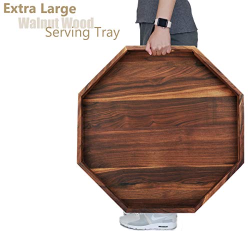 Magigo 24 Inches Extra Large Octagonal Black Walnut Wood Ottoman Tray With Handles, Serve Tea, Coffee Classic Wooden Decorative Serving Tray #TOP6