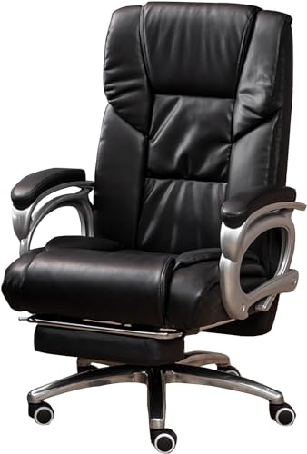 Silla de oficina ejecutiva ergonómica con función de reclinación y reposapiés, silla de escritorio de piel auténtica para personas pesadas, elegante diseño negro