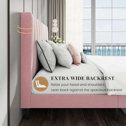 image for SHA CERLIN King Bed Frame/Velvet Upholstered Platform Bed Frame with H