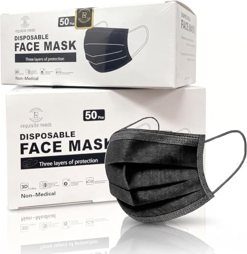 REQUISITE NEEDS Face Mask Black Disposable for Adults, Disposable Breathable Face Coverings, Face Masks Breathable,3 Layer Face Masks | Suitable For Sensitive Skin (Black)