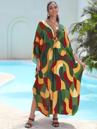 Image of IMAGEKOPE Women's Plus Size Animal Print V-Neck Batwing Kaftan Beach Dress Bathing Suit Cover-Up Loungewear