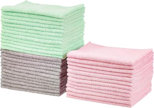 Image of Amazon Basics Microfiber Cleaning Cloths, Ultra Absorbent, Scratch Free, Non-Abrasive, Reusable and Washable, All-Purpose, Car Detailing, 16 inch x 12 inch, Green /Gray /Pink (Pack of 288)