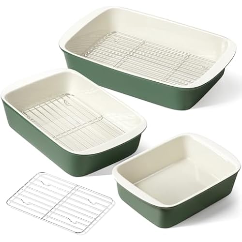 LE TAUCI Ceramic Casserole Dishes for Oven with 304 Racks, Set of 3, Green