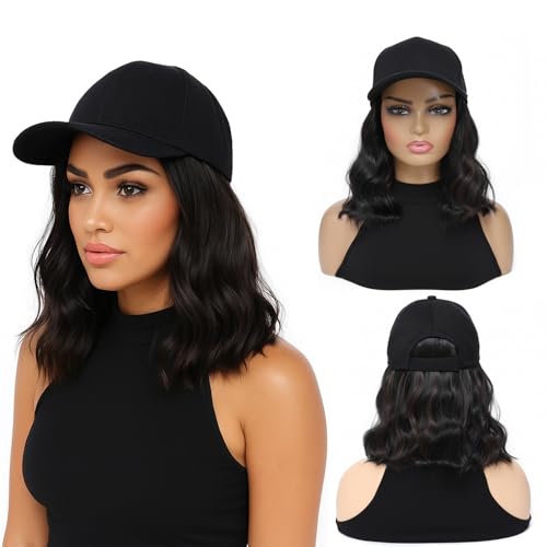 Yunkang Hat Wig Baseball Cap with 12" Short Black Mix Brown Synthetic Curly Wavy Hair Extension Attached for Women Adjustable Shoulder Length Wigs for Daily Party Outdoor Use
