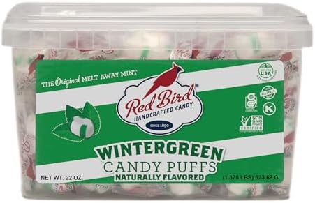 Red Bird Soft Wintergreen Candy Mint Puffs, Individually Wrapped, 22 oz tub