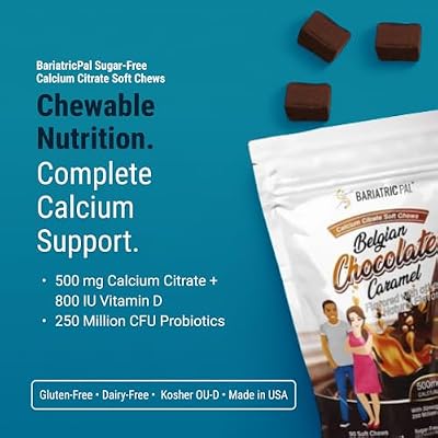 BariatricPal Sugar-Free Calcium Citrate Soft Chews | 500mg with Vitamin D & Probiotics | Belgian Chocolate Caramel | 90 Count (1 Month Supply)