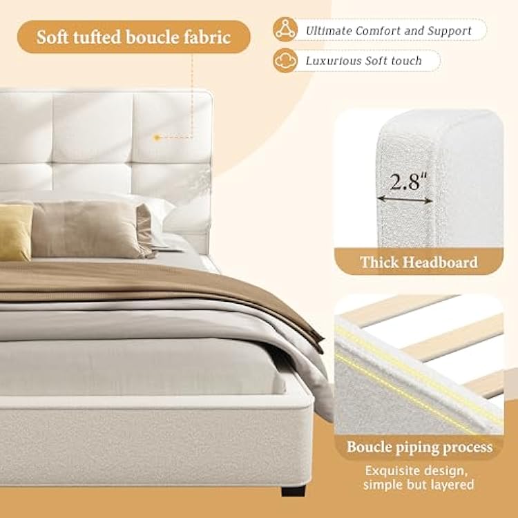 King Size Marshmallow Bed Frame with Upholstered Tufted Headboard, Boucle Soft Cloud Bed Frames, Modern Luxury Low Platform Bedframe, No Box Spring Needed, Easy Assembly, Beige