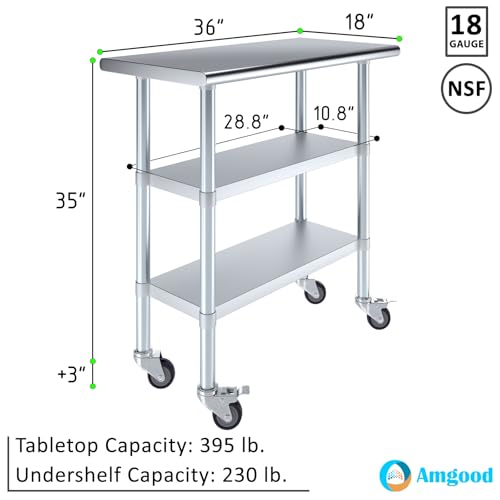 Image of AmGood Stainless Steel Work Table with 2 Shelves and Casters | Metal Utility Table On Wheels (Stainless Steel Work Table with 2 Shelves + Casters, 36 inch Long x 18 inch Deep)