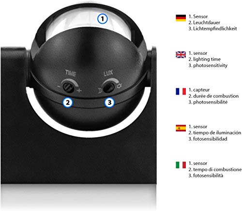 Velamp Rilevatore di movimento infrarossi PIR per illuminazione - Sensore automatico - Impermeabile IP44 - Carico massimo 1KW - Regolazione sensibilità e durata - Installazione facile – Colore Nero - 3