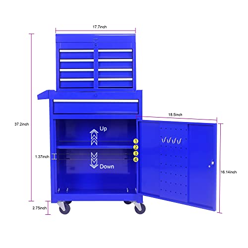 Pouseayar 5 Drawer Rolling Tool Box, Top Cabinet Snapped To Bottom Tool Box Tool Storage Cabinet, Tool Organizer With Wheels And An Adjustable Shelf For Garage, Workshop, Home Tool Storage - Blue #TOP1