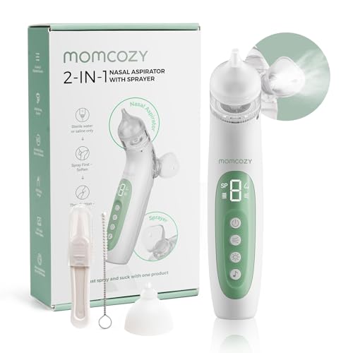 Momcozy BN007 BreezyClear Nasensauger Baby elektrisch 2-in-1 mit Sprühfunktion 65 kPa Saugkraft 4 Stufen leise & tragbar mit Licht & Musik