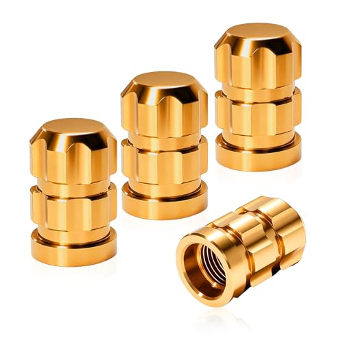 XJVSS 4 PCS Car Tire Valve Stem Caps, Rustproof Aluminum Alloy Auto Tire Stem Covers, Leakproof Tyre Air Valve Caps Exterior Decor for Cars Trucks Motorcycles Bicycles, Car Accessories (Golden)
