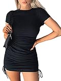 Vestido Sexy con Cordón de Manga Corta para Mujer Vestido Ajustado con Pliegues de Color Sólido de Moda (Negro, S)