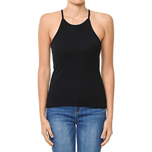 【usagi】HALTER HIGH NECK CAMISOLE TOPS ShezPretty Women's High Halter Neck Ribbed Halter Racerback Tank