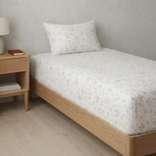 Image of Linen Home Cotton Percale Fitted Bedsheet Set Single Size Floral Grey
