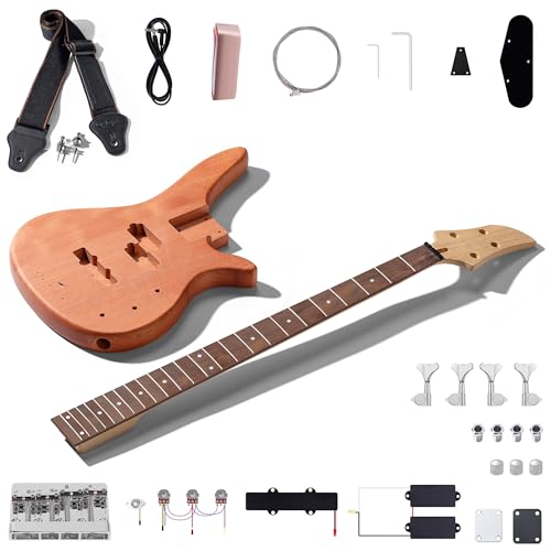 Leo Jaymz DIY Electric Bass Guitar Kits - Mahogany Body, Roasted Maple Neck and Laurel Wood Fingerboard - Fully Components Included (LB)