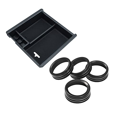 JKCOVER Center Console Organizer and Button Knob Covers Compatible with Toyota Tacoma 2016-2019 2020 2021 2022 2023, ABS Material Armrest Box Insert Tray and Aluminum Alloy Knob Ring (Black Trim)