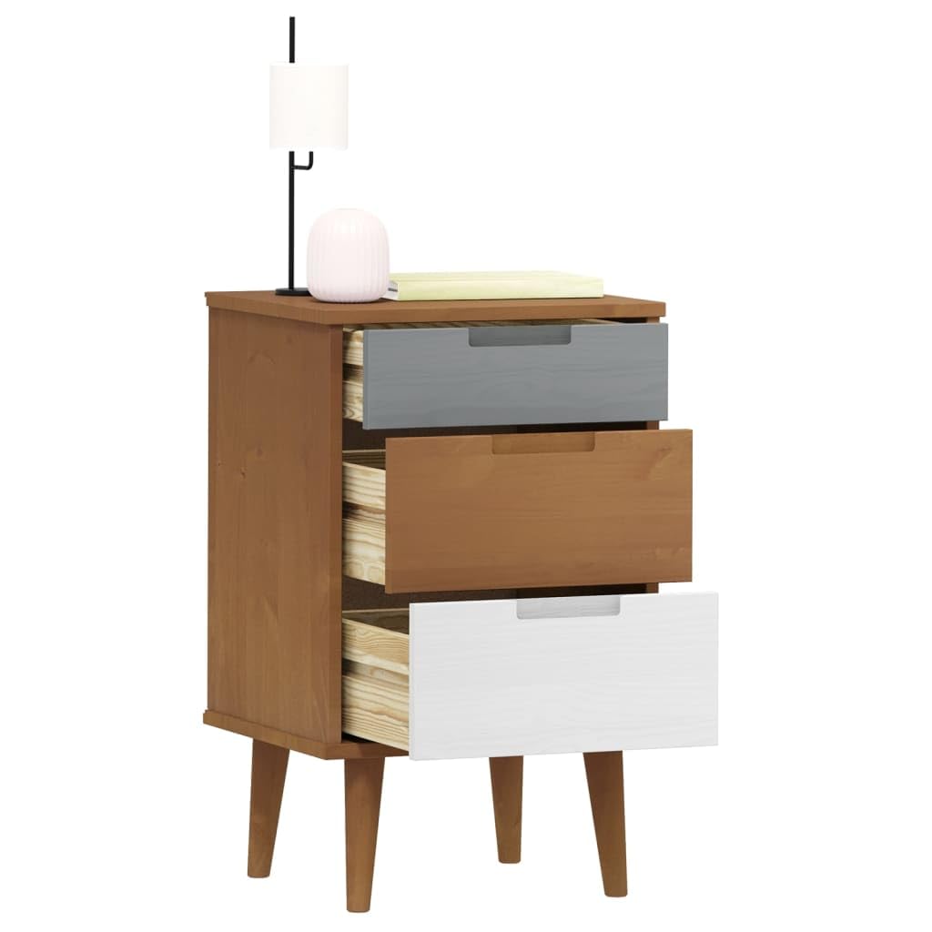 Comodino Marrone MOLDE in legno massello di pino 40x35x65 cm con 3 cassetti robusti e finitura vernice UV, mobiletto salvaspazio per camera da letto, soggiorno, ufficio, ingresso