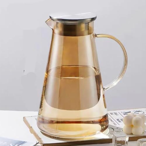 Image of Wringo Premium Amber Glass Water Jug - 1.8 LTR, Transparent, Hot Cold Water Glass Pitcher with Wooden Lid Water Jug, Iced Tea, Milk and Juice Beverage Carafe, Lemon Jug 1800ML (TM-14) (WQ-03)