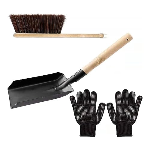 Qyrugcxs Hearth Brush Set Silicone Gloves,Fireplace Shovel Hand Shovel And Brush Wooden Handles Coal Fireplace Tool Set Kit For Home