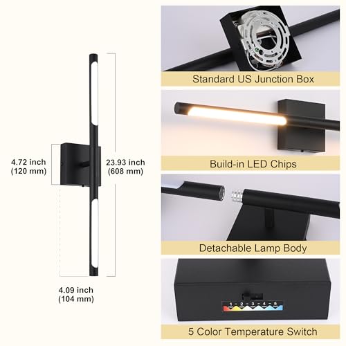 Image of TODOLUZ 24-Inch 5CCT LED Bathroom Light Fixture, 12W Black Wall Sconce Vanity Lighting Rotatable Tube for Over Mirror Mural, 2700K-5500K