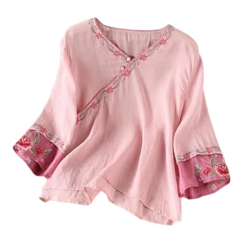 Damen Bestickte Boho Bauer Leinen Tops Blusen Böhmen Lose Passform Floral Grafik Tunika Sommer Indische Rüschen Shirt für Senioren Western Kurzarm...