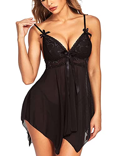 Avidlove Women s Sexy Lace Lingerie Babydoll V Neck Nightwear Sleepwear Strap Chemises Black Small