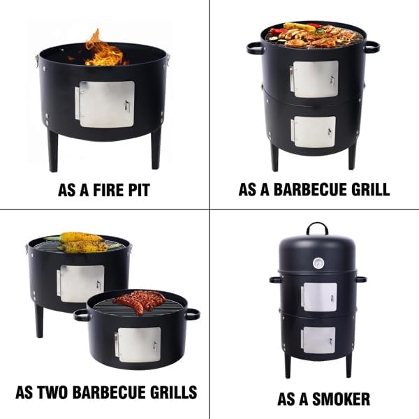 17 Inch Steel Charcoal Smoker Grill – Heavy Duty Outdoor BBQ Smoker for Home, Patio, and Kitchen Party, Adjustable Airflow & Dual Access Doors, Black
