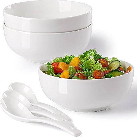 Hesen 60 oz Large Soup Bowl, Pho Bowls and Spoons Set, Ramen Bowl Set of 3 Bowls + 3 Spoons, 8 in Off White Ceramic Serving Bowls Cover